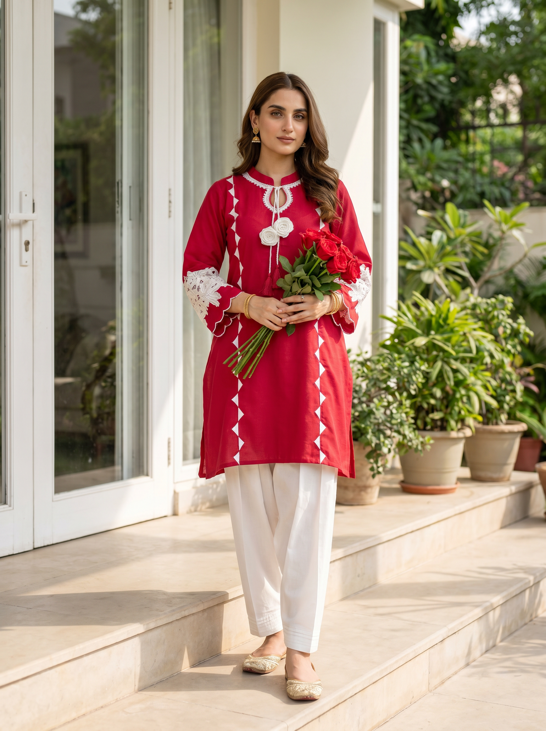 Hot Selling Red Self Textured Linen Light Party wear Farshi Salwar Coord set with Beautiful Crochet work on sleeves