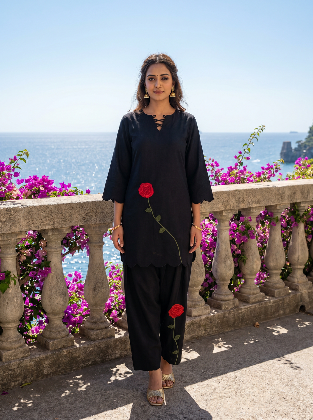Mustard Yellow Self Textured Linen Farshi Coord set with Beautiful Rose patch Work on it