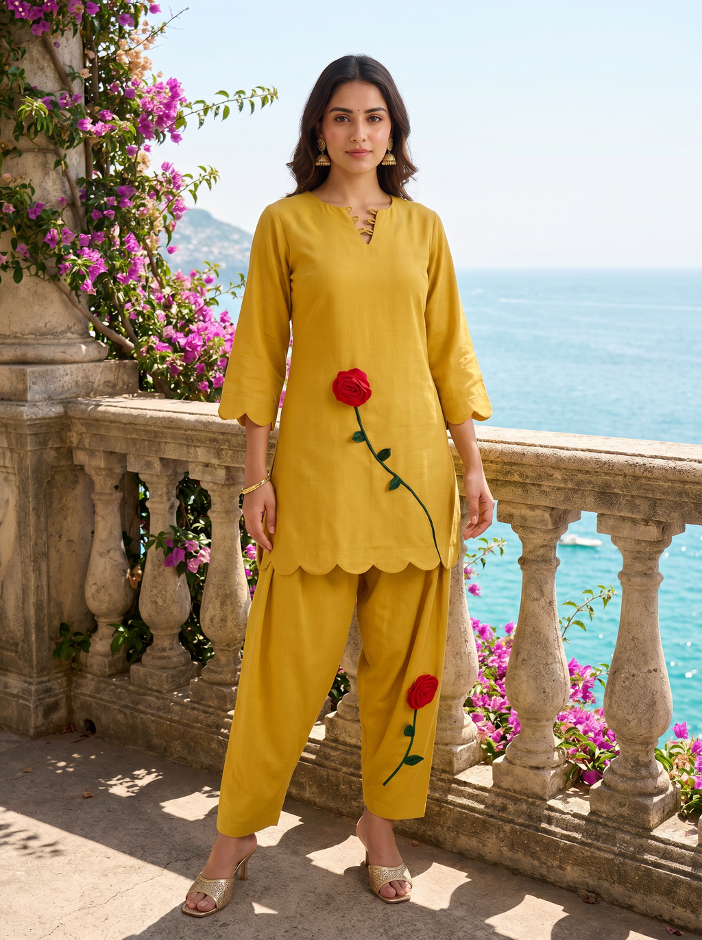 Mustard Yellow Self Textured Linen Farshi Coord set with Beautiful Rose patch Work on it