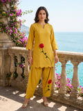 Mustard Yellow Self Textured Linen Farshi Coord set with Beautiful Rose patch Work on it