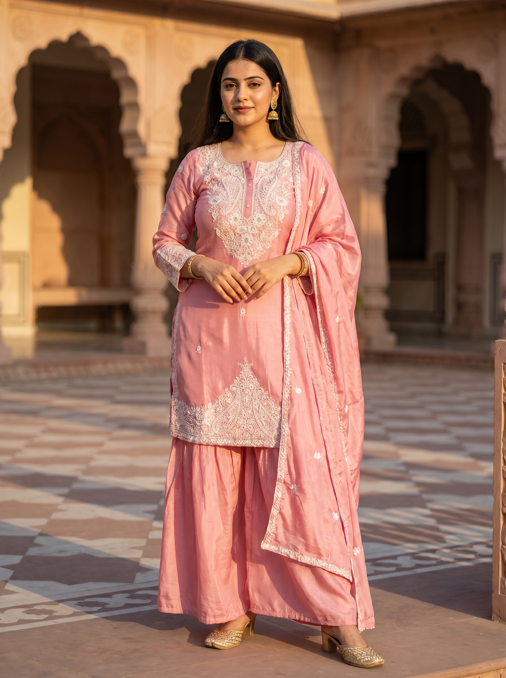Pink Heavy Embroidered Kurta Sharara Set with Dupatta for Women