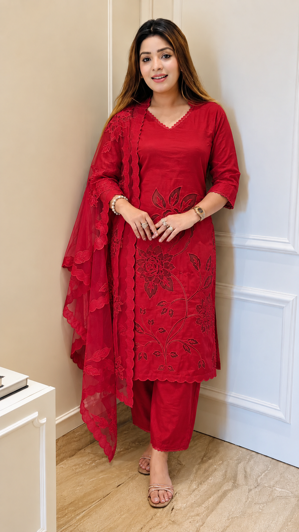 Pankhuri - Premium Mul Chanderi Cut work 3-piece Suit set