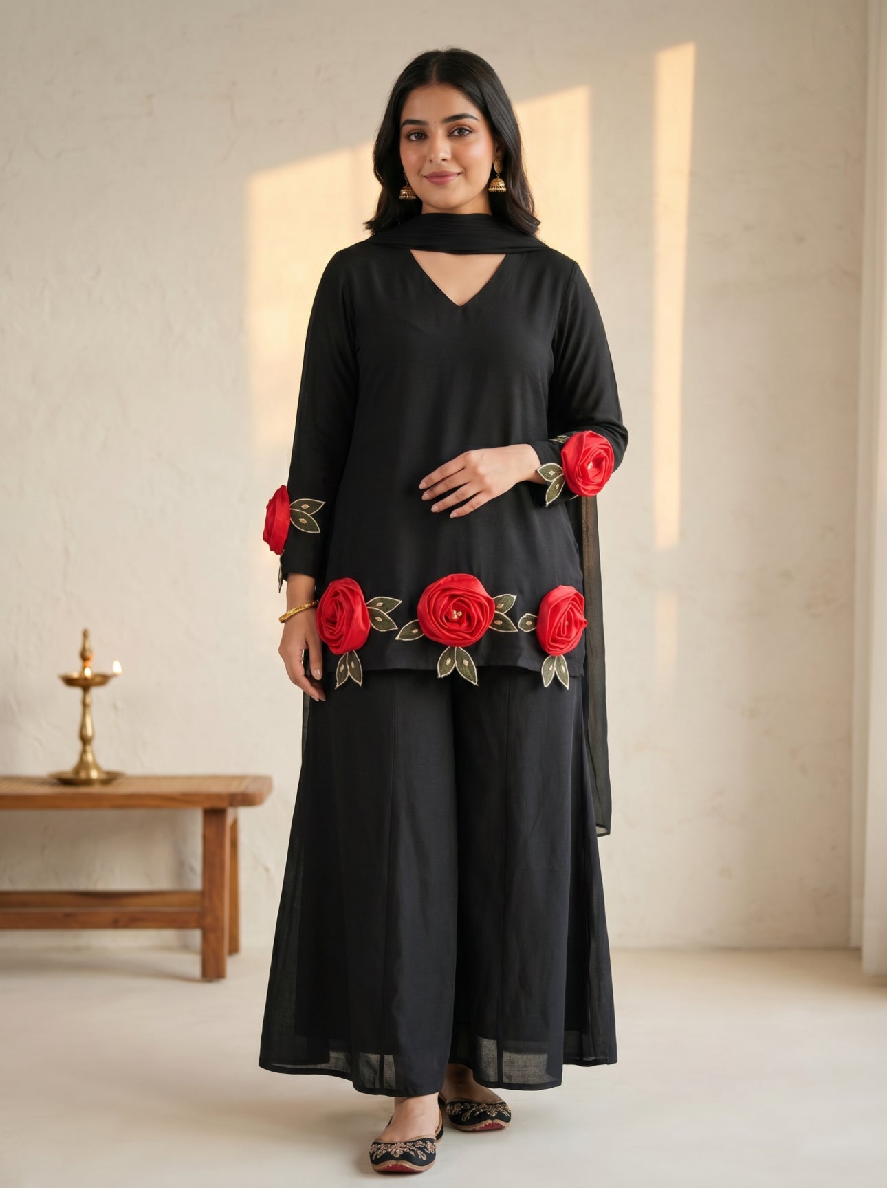 Chahat Cotton Bell-Bottom Suit Set- Brown, Pink, Black