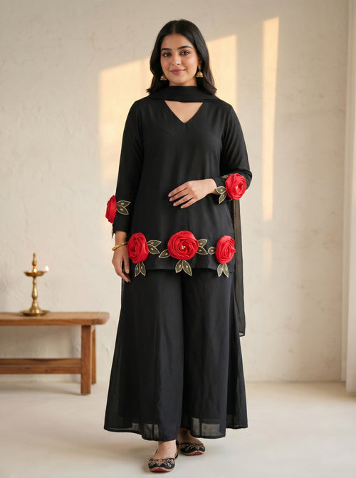 Chahat Cotton Bell-Bottom Suit Set- Brown, Pink, Black