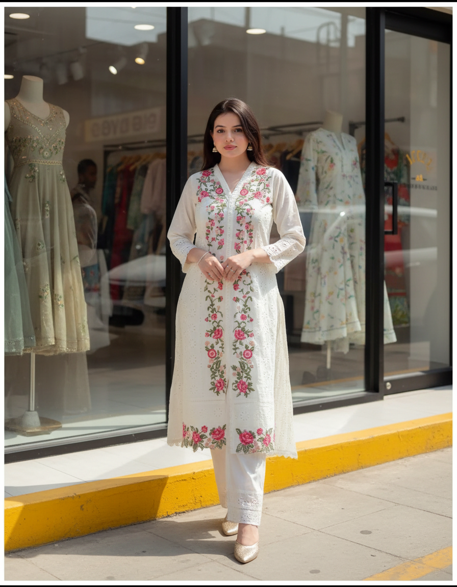 SARAH IVORY PREMIUM KORA COTTON EMBROIDERED SUIT SET