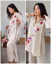 SHEFALI FLOWER JUTE COTTON SHIRT WITH COVERUP 3 PIECE CO-ORD SET