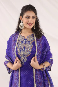ROYAL RADIANCE - Blue Crepe Silk Bandhej Embroidered Kurta Set With Dupatta