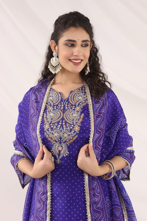 ROYAL RADIANCE - Blue Crepe Silk Bandhej Embroidered Kurta Set With Dupatta