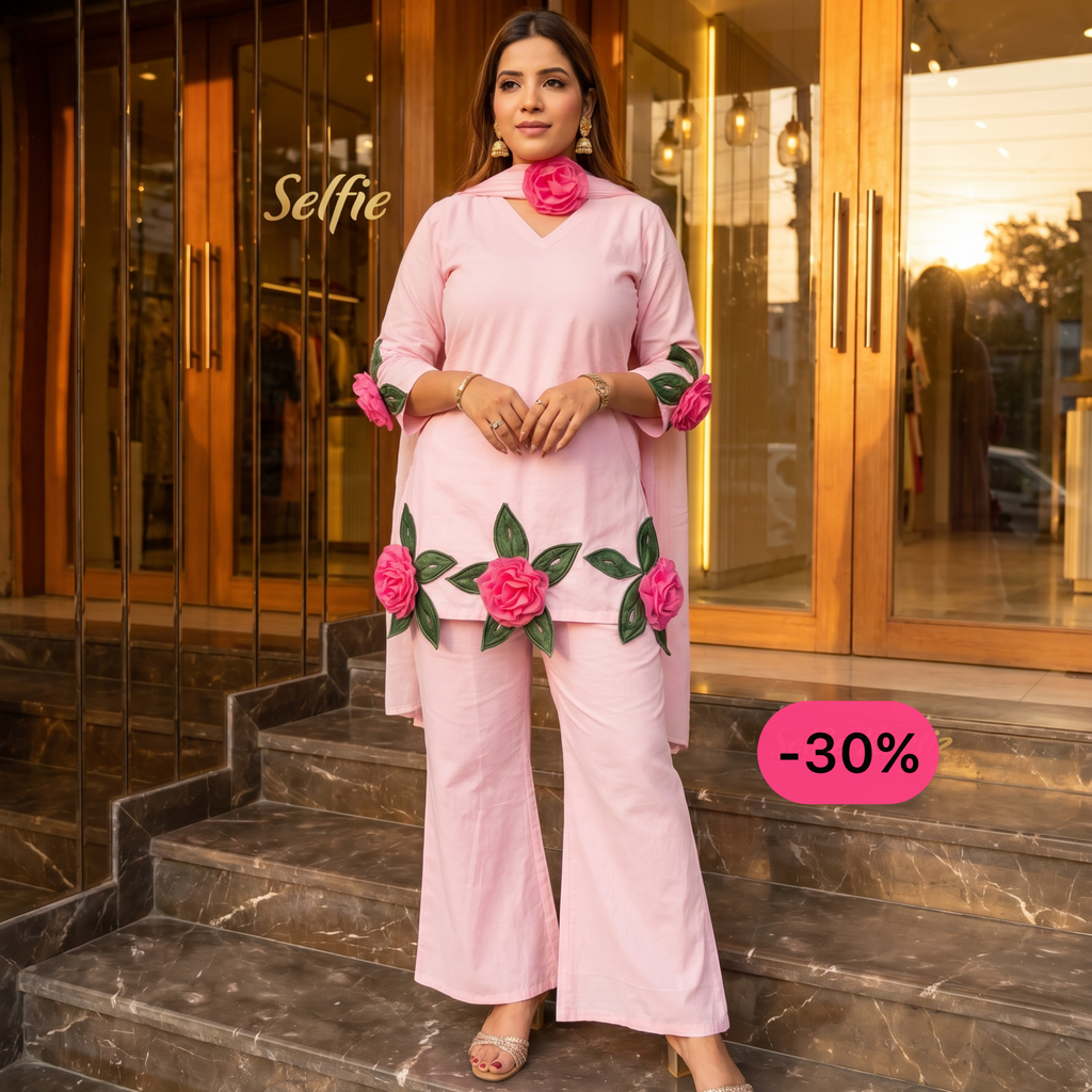 Chahat Cotton Bell-Bottom Suit Set- Brown, Pink, Black