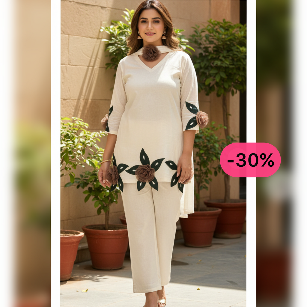 Chahat Cotton Bell-Bottom Suit Set- Brown, Pink, Black