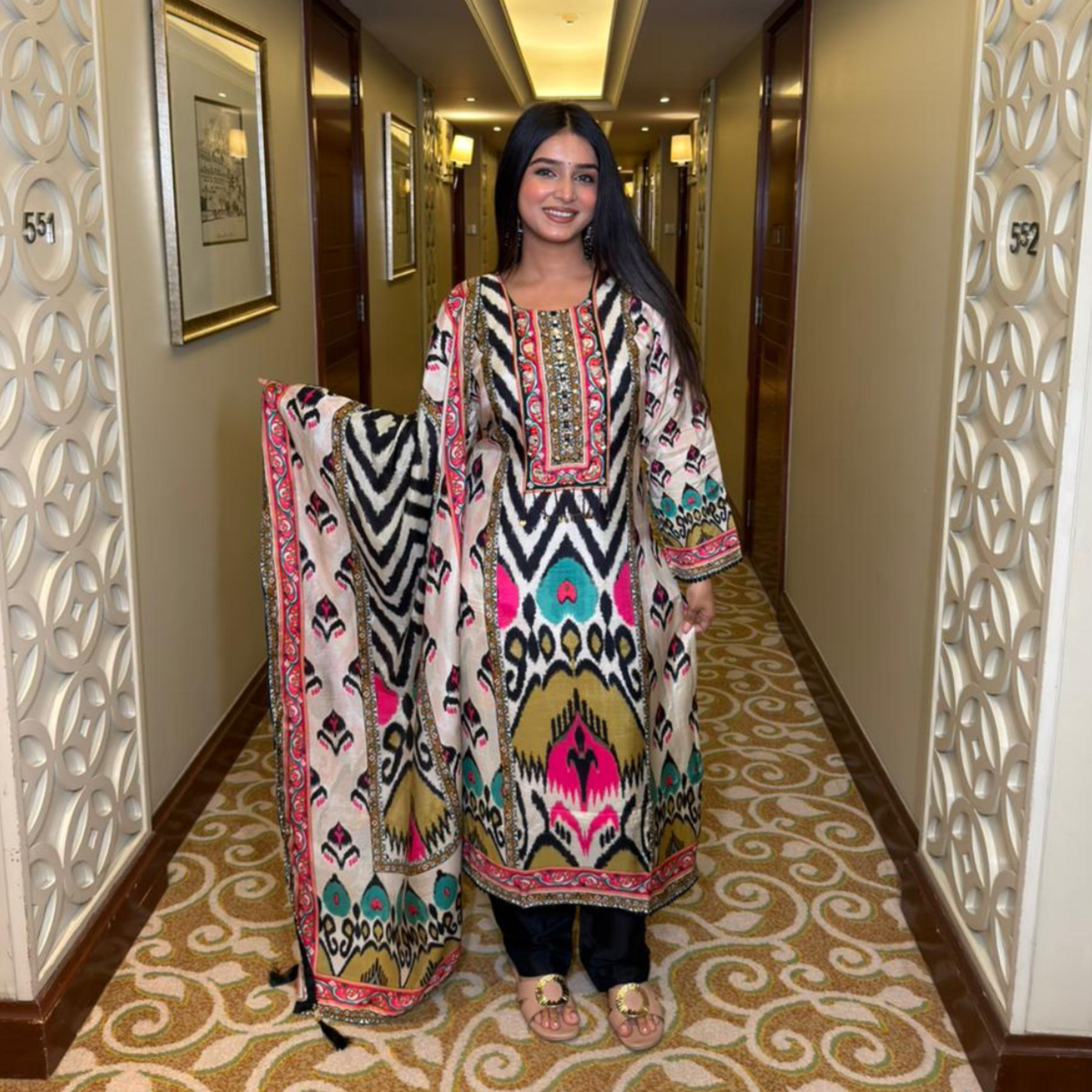 Multicoloured IKAT printed kurta set