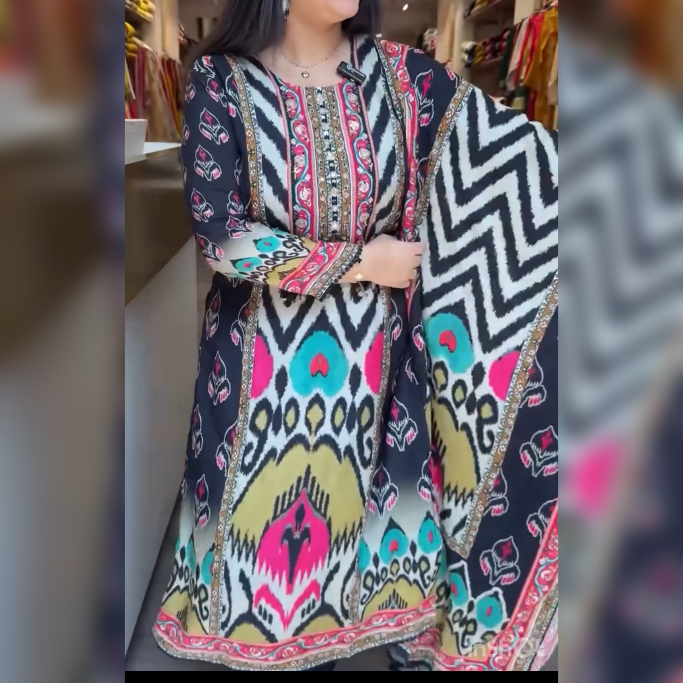 Multicoloured IKAT printed kurta set